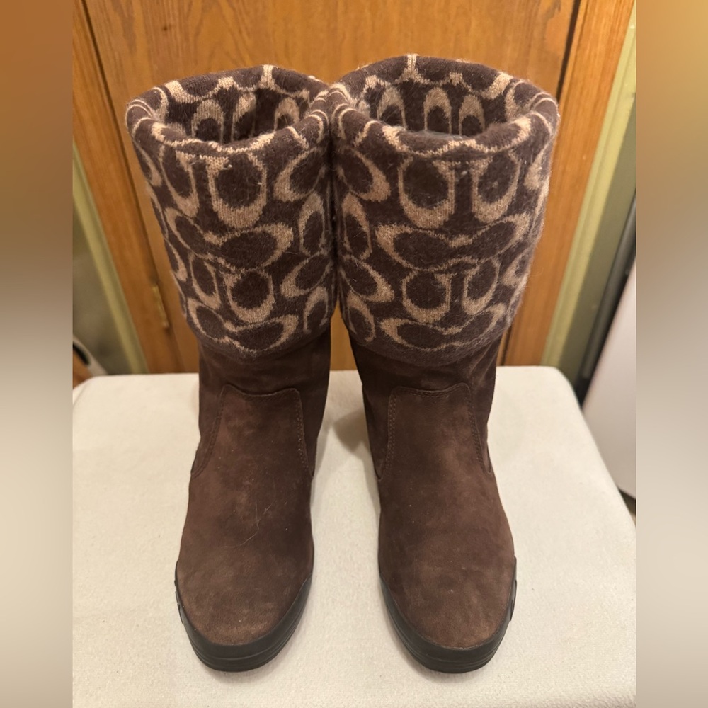 Coach Tatum Brown Leather & Wool Knit Mid Calf Boots-sz 6M F2460/f07